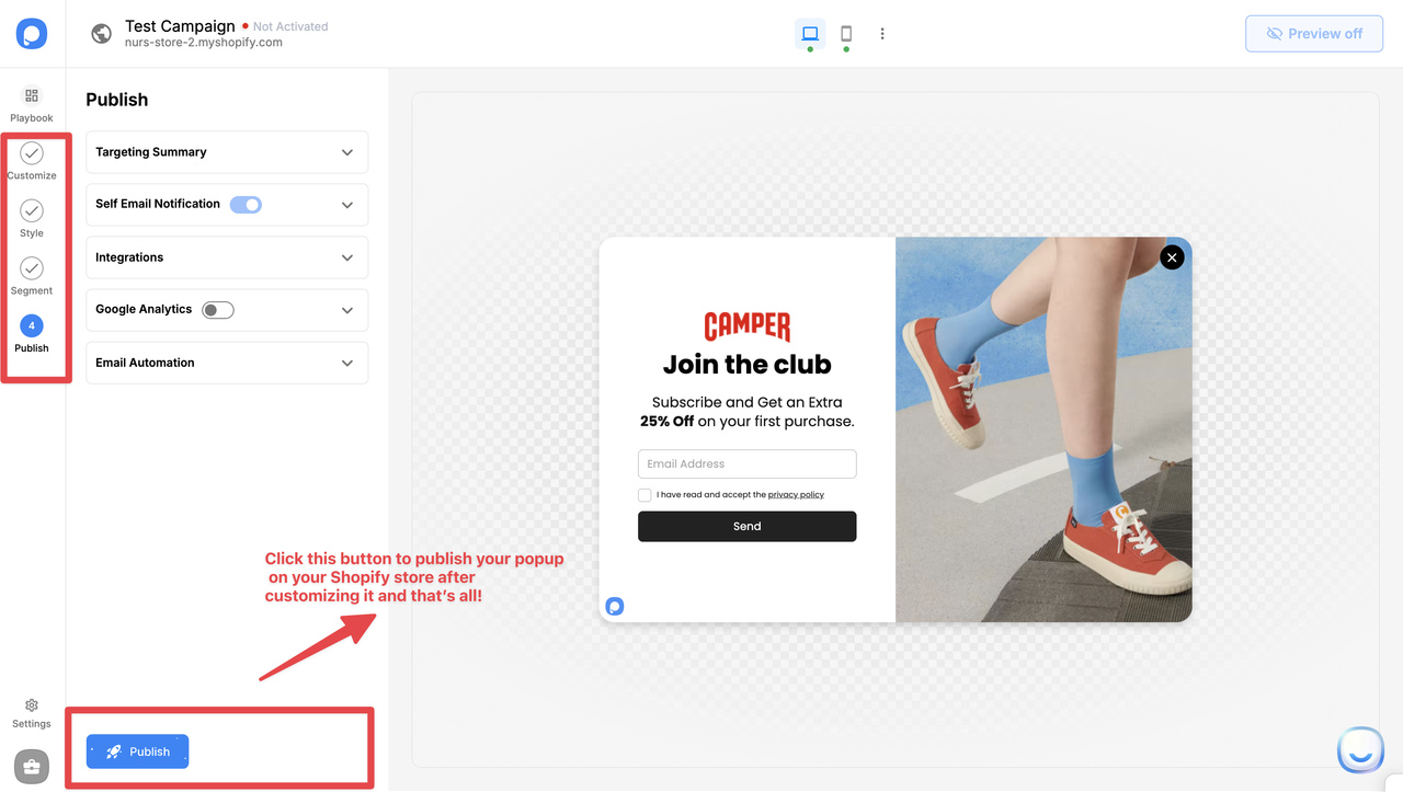 Popupsmart template gallery showing popup goals and popup type options, with different popup templates available to choose from.