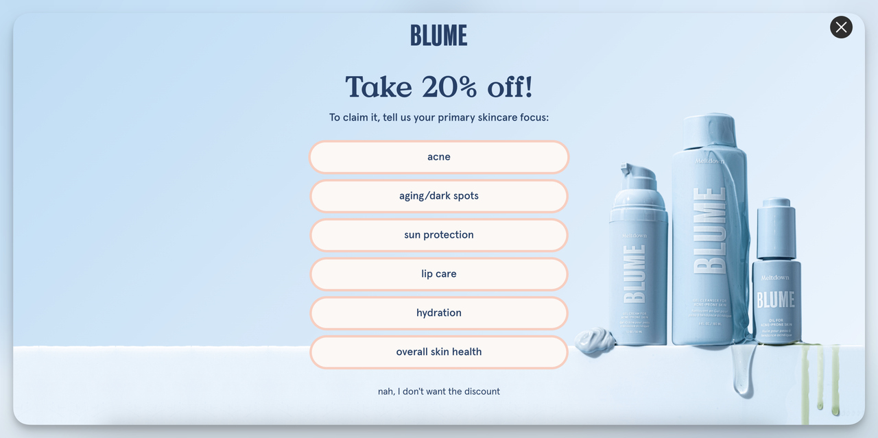 Persuasive words that sell on Blume's popup
