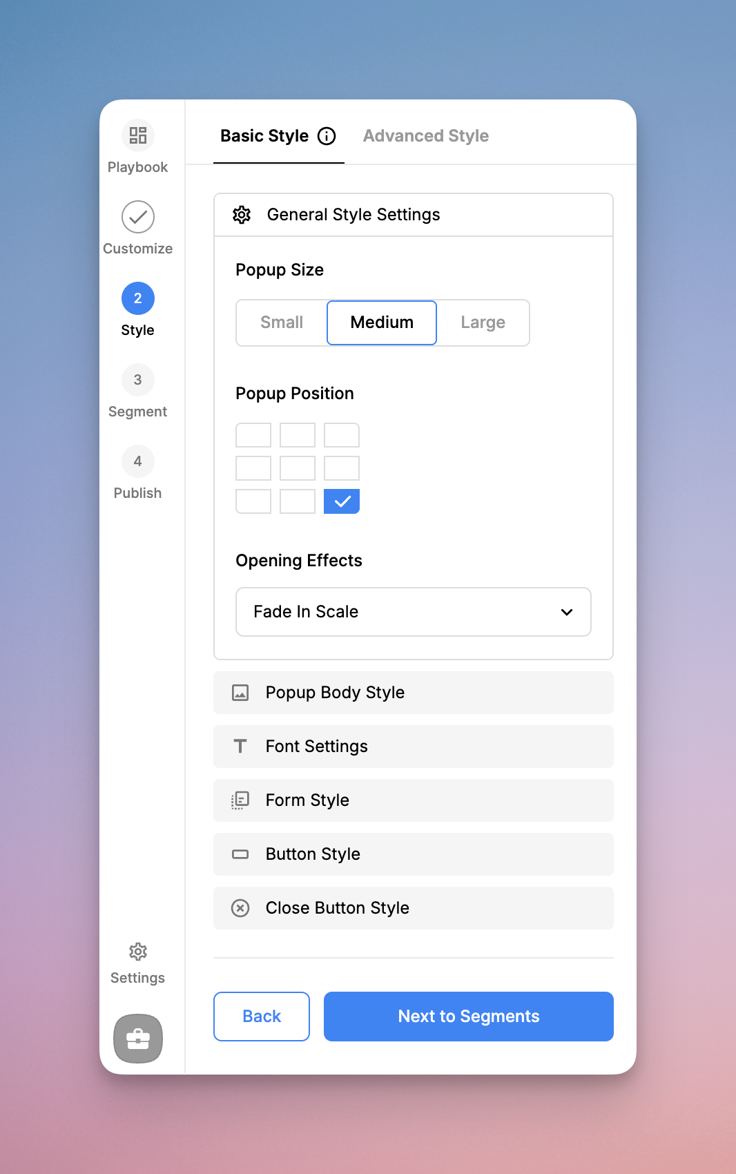 Popupsmart's basic style segment, deciding where the popup will appear.