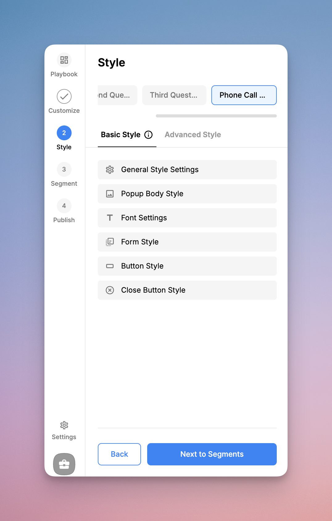 Popupsmart's style segment, customizing a popup.