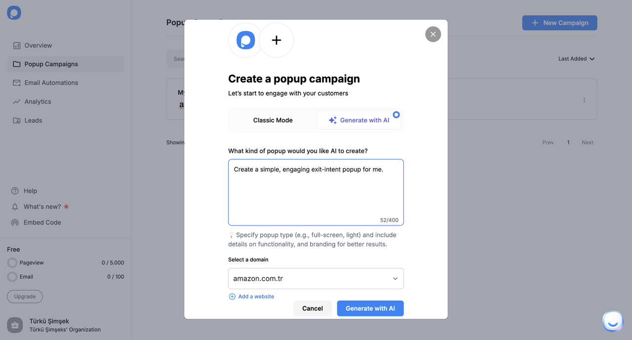 Image showing Step 2 – Generate Your Popup with AI