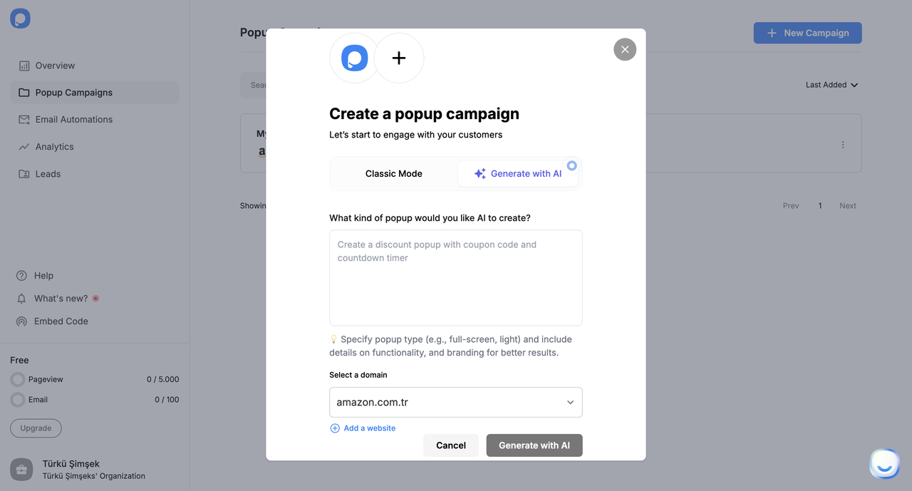 Image showing Step 1: Start the AI Popup Builder
