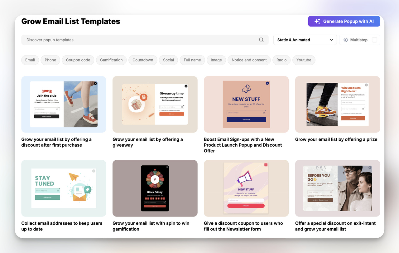 Screenshot of popup templates to grow an email list, featuring discount offers, giveaways, gamification, and exit-intent popups.