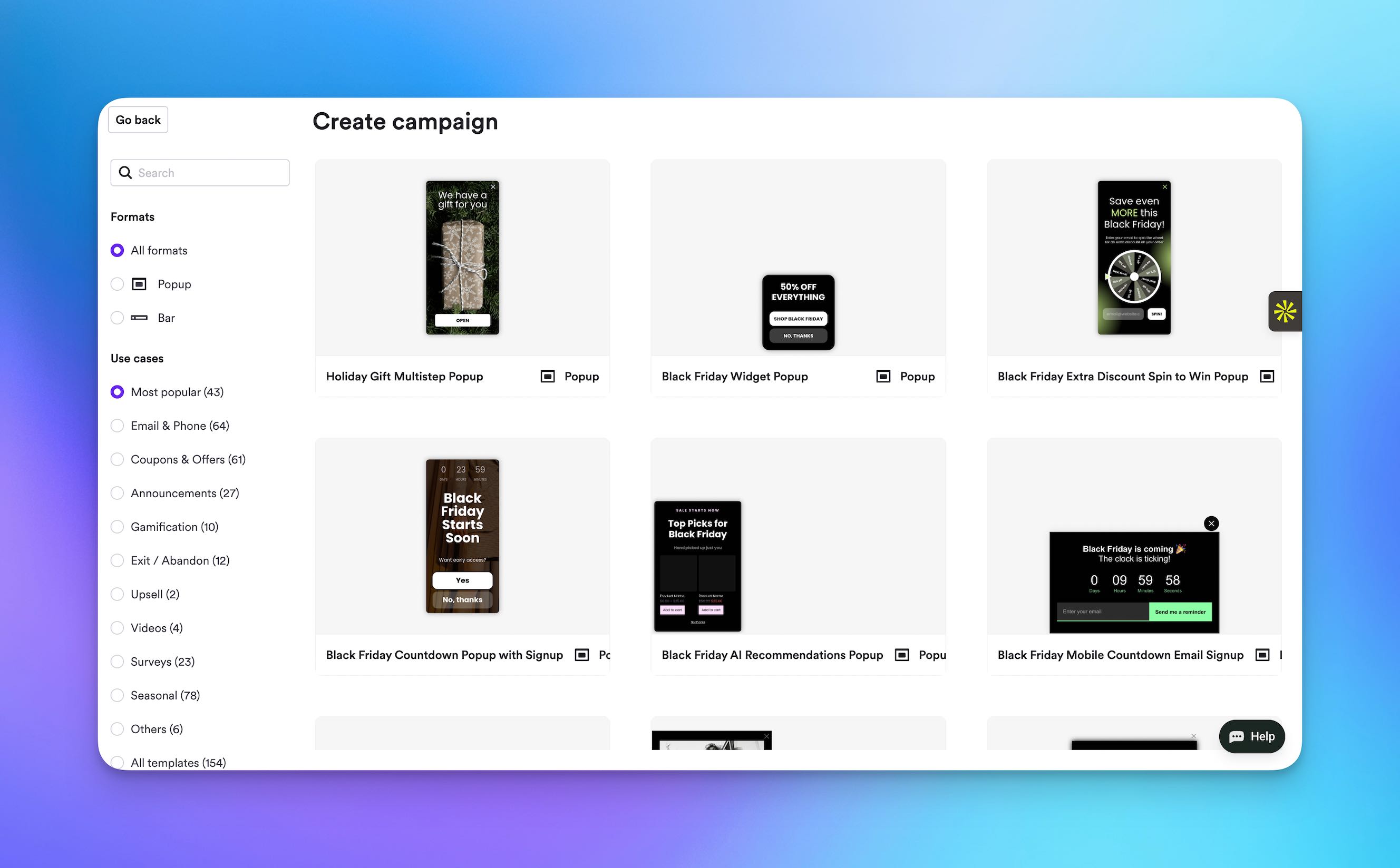 Wisepops' Product Interface with Different Popup Templates.
