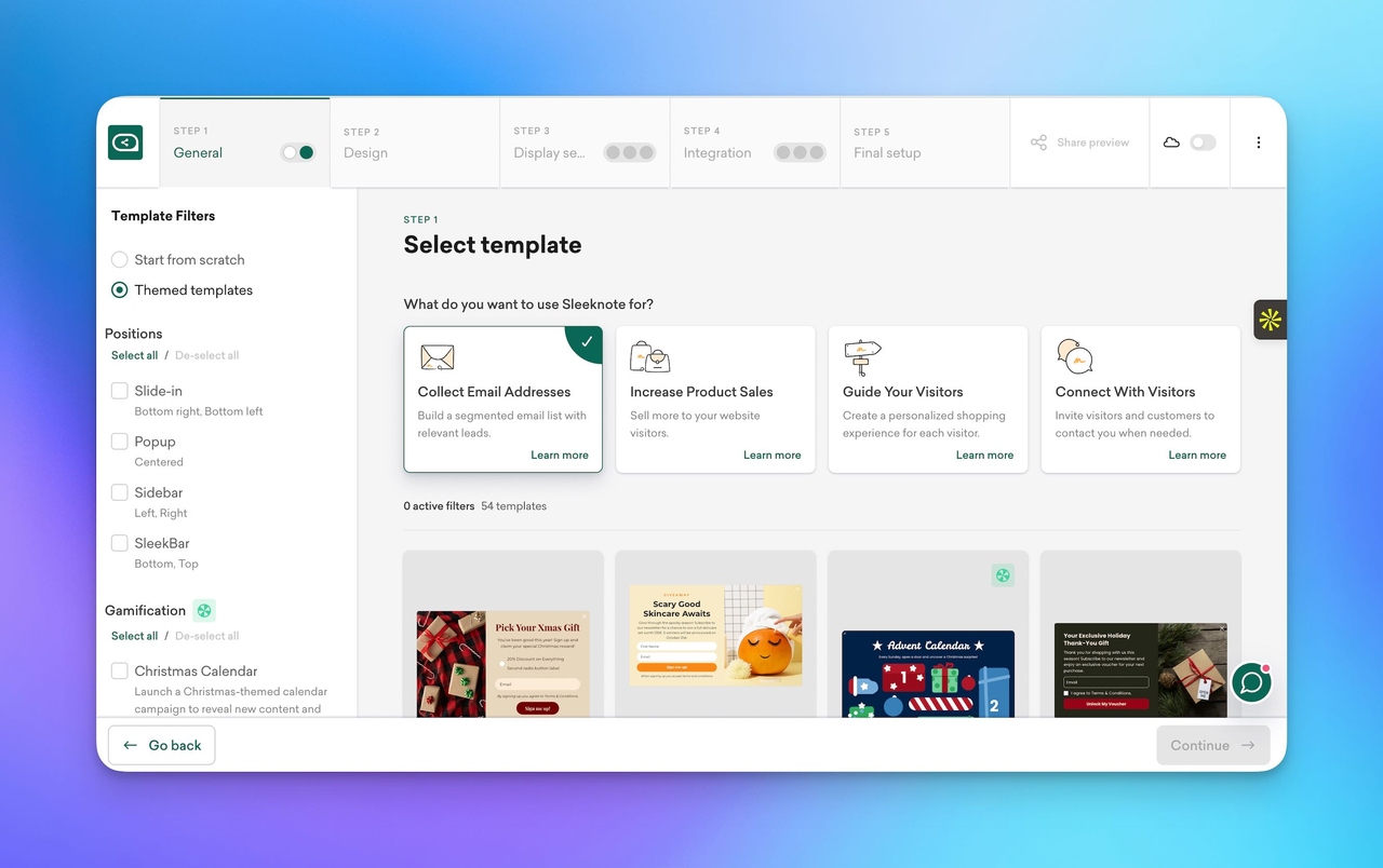 Sleeknote's Product Interface Showing Campaign Process Steps.
