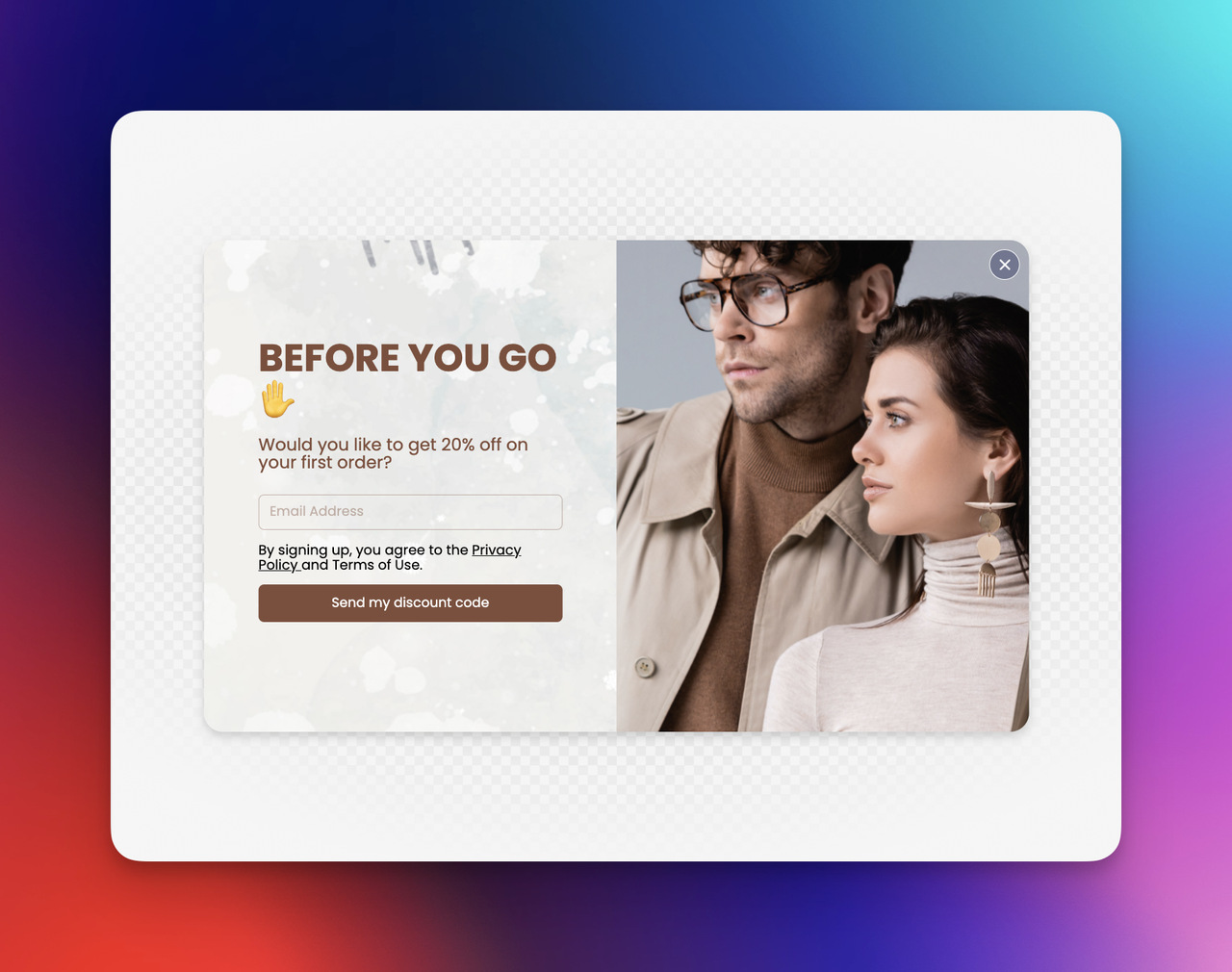 Before-you-go popup offering 20% discount in exchange for email signup on a fashion eCommerce store.