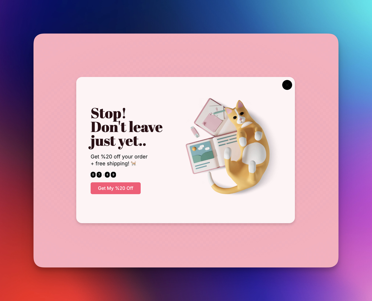 Exit-intent discount popup with playful cat illustration offering 20% off and free shipping to encourage shoppers to stay and complete checkout.