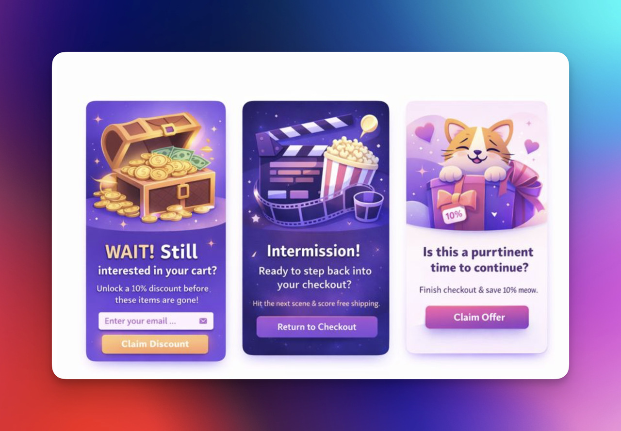 Set of creative cart recovery popup examples including discount chest, movie-theme reminder, and cat-themed checkout incentive.