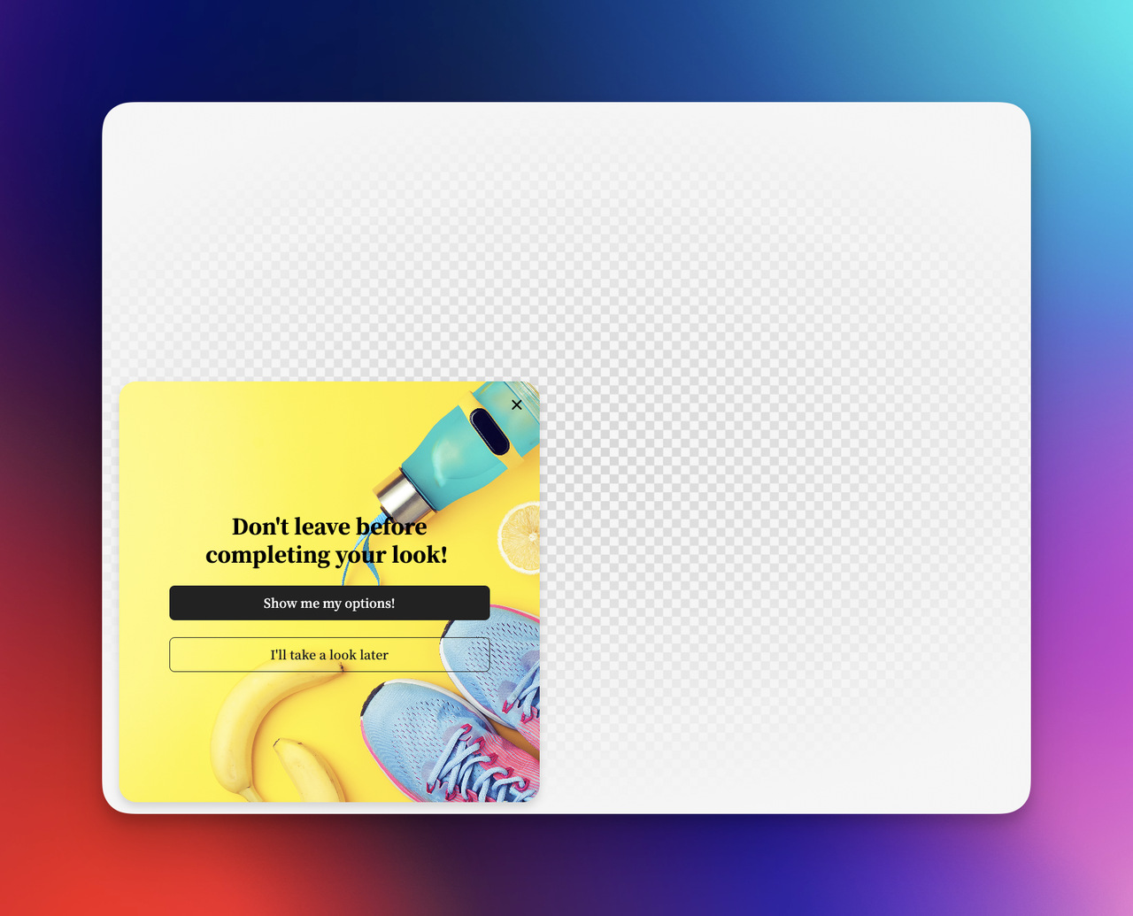 Exit-intent cart reminder popup with fitness products background encouraging shoppers not to leave before completing their purchase.