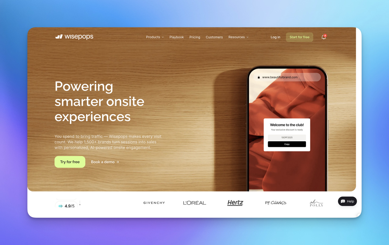 A screenshot of Wisepops' homepage screen.