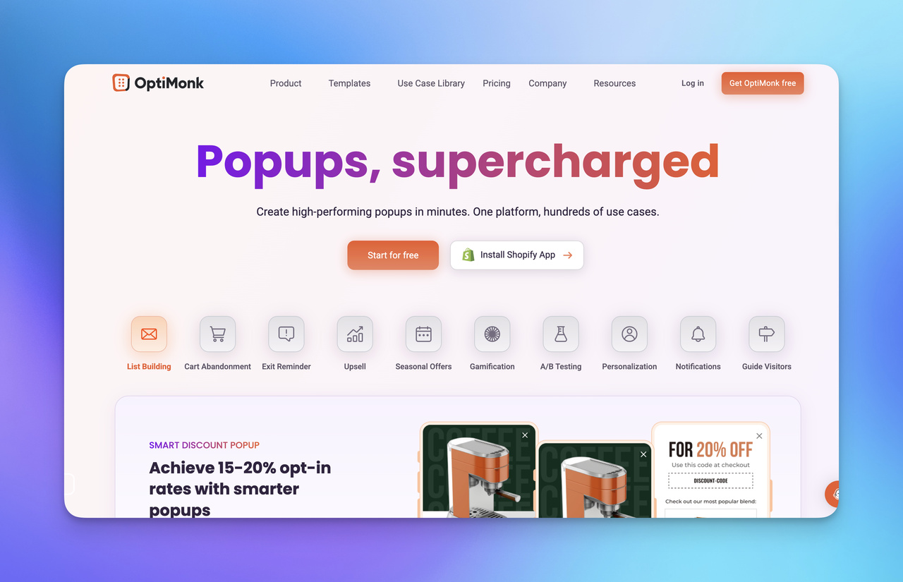 OptiMonk website displaying options for popups with various features, including list building, upsell, and discount offers.