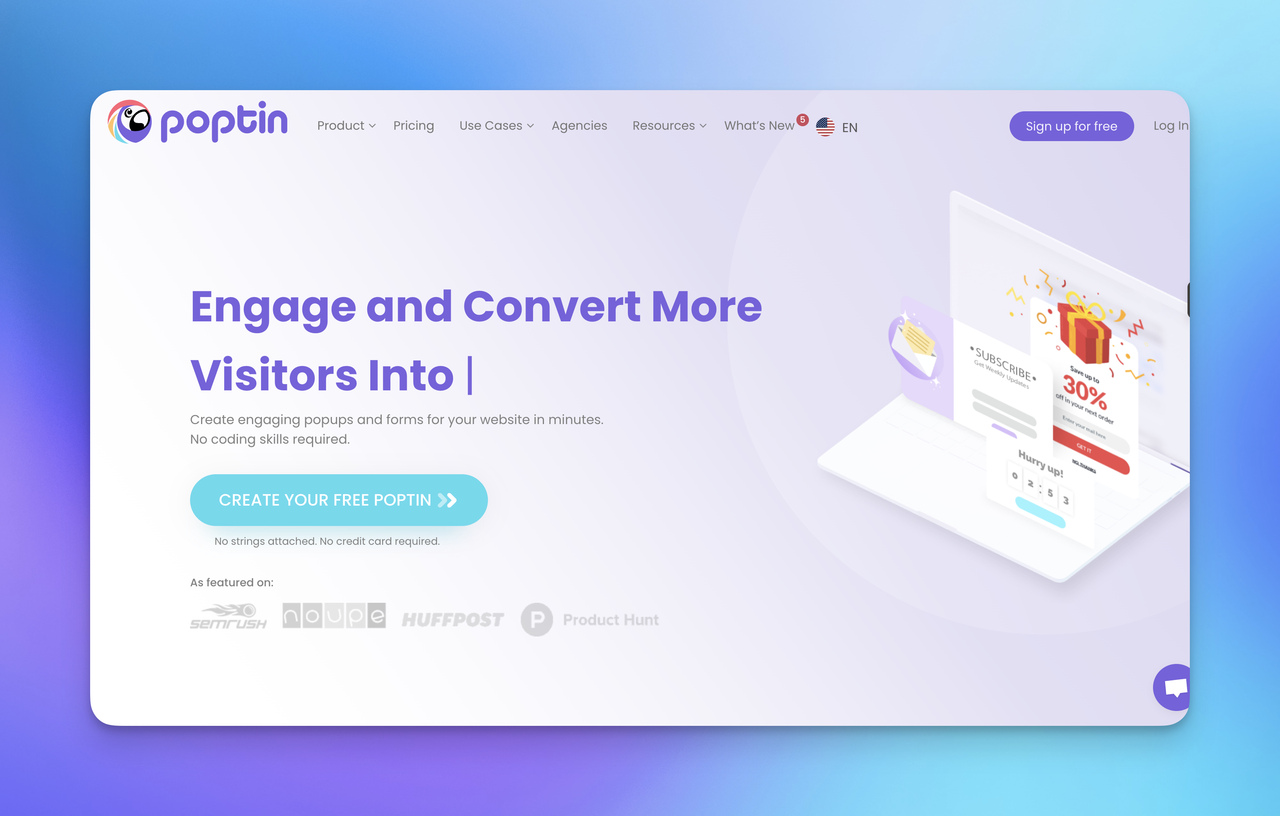 A vibrant website interface for Poptin, showcasing tools to create engaging popups and forms for visitor conversion.