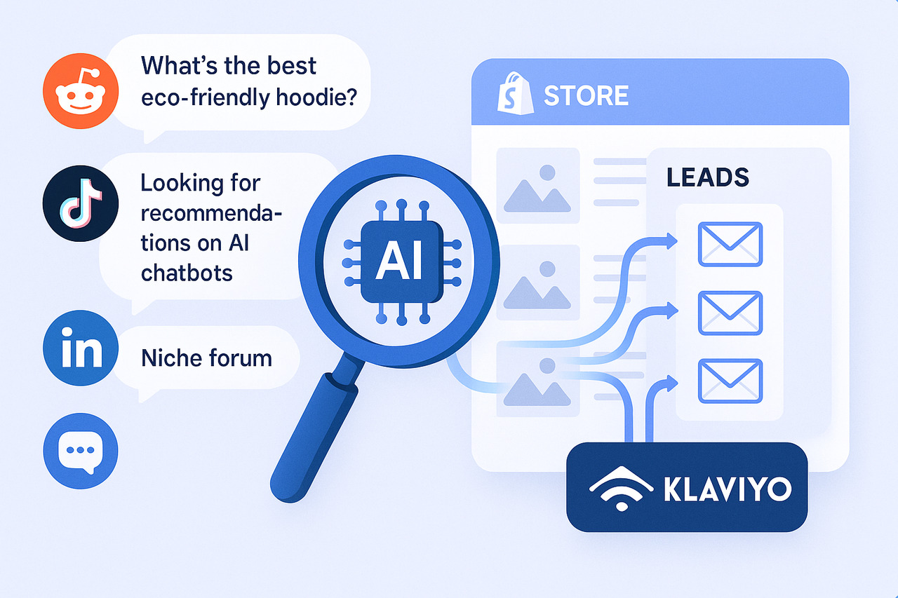 AI tool scanning social media and forums to find hidden leads – AI-powered email list building with Klaviyo integration