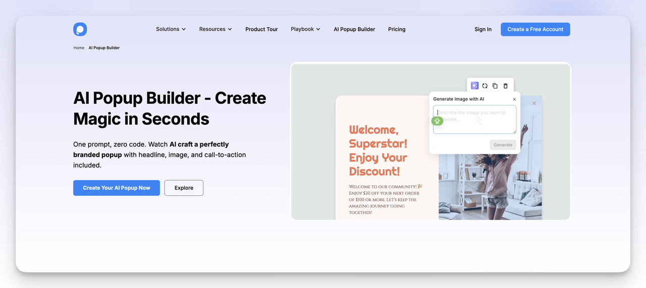 Popupsmart AI Popup Builder – create branded email capture popups with AI in seconds for smarter email list building