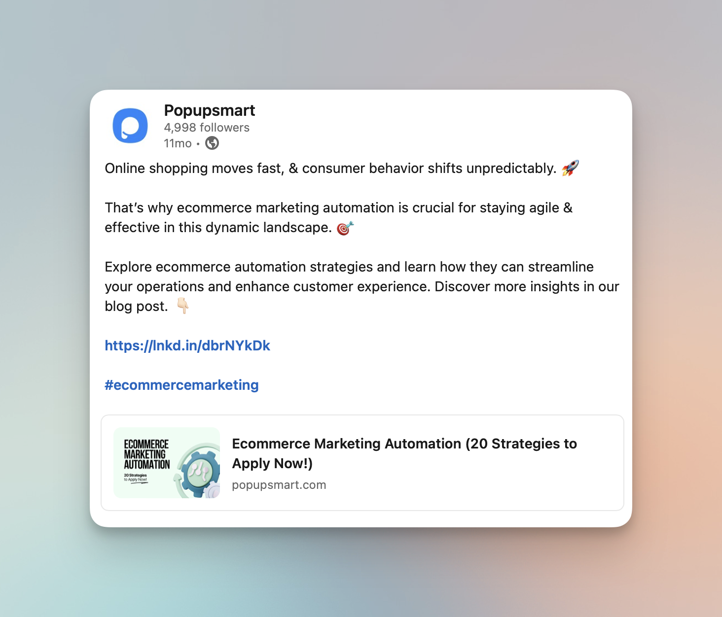 Popupsmart linkedin post, showing a social media post example