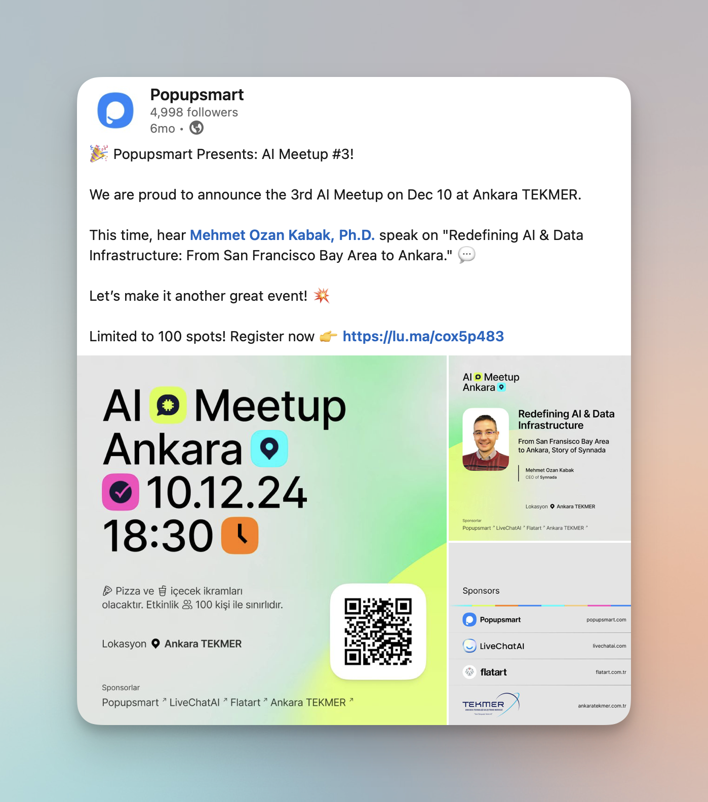 Popupsmart AI meetup linkedin post, showing the importance of hosting events