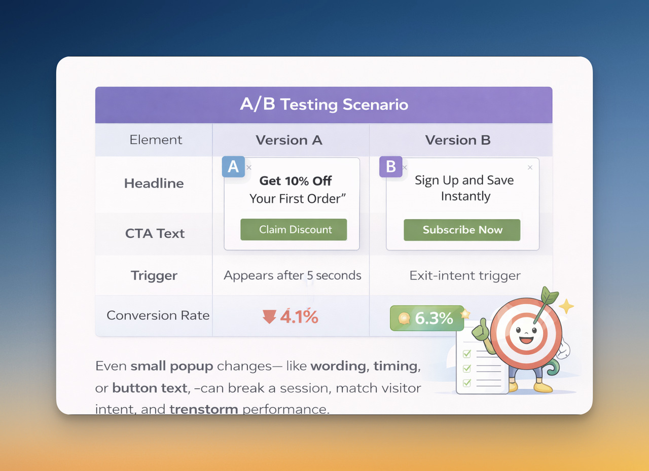 A/B testing scenario for a Shopify popup comparing Version A and Version B, showing headline, CTA text, trigger type, and conversion rate differences.