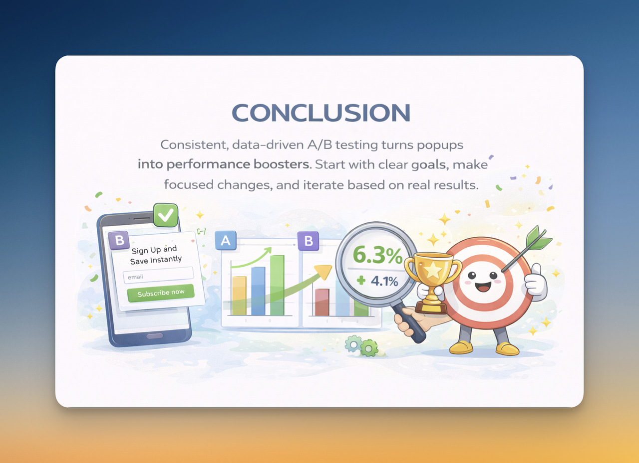 Conclusion visual showing a winning Shopify popup A/B test, with Version B outperforming Version A and higher conversion rates highlighted through charts and icons.