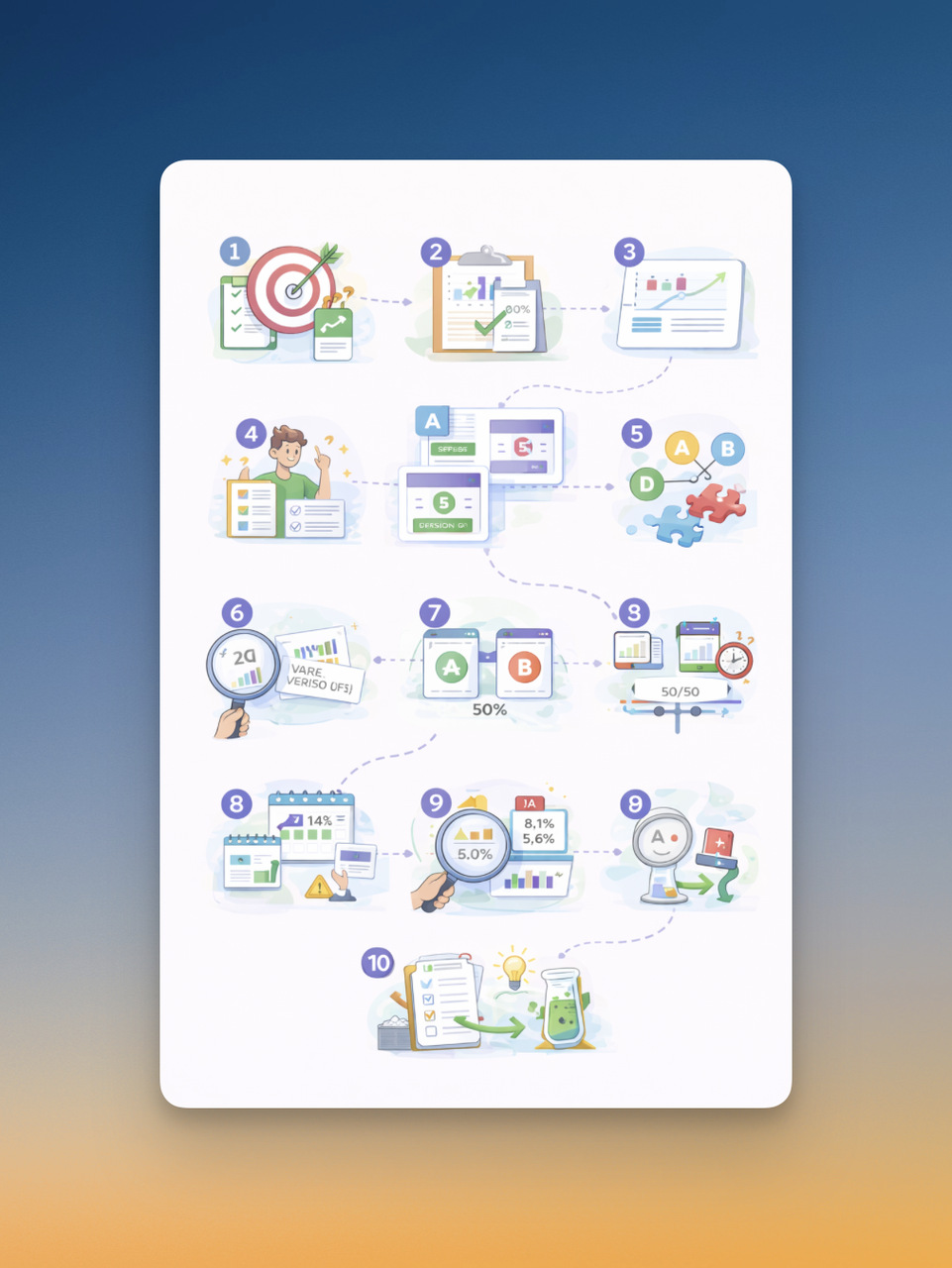 Step-by-step visual guide explaining how to A/B test a Shopify popup, from goal setting and hypothesis creation to traffic split, analysis, and iteration.