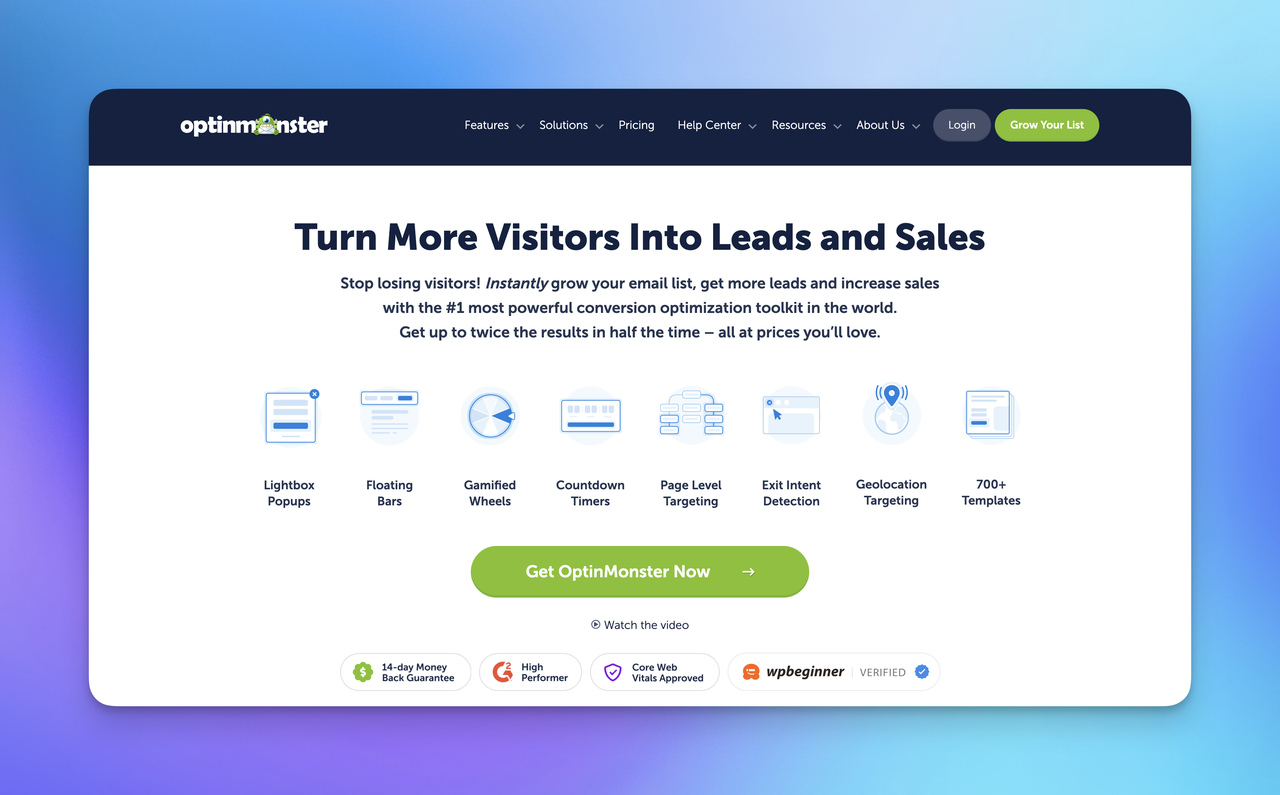 Homepage of OptinMonster, showcasing features for increasing leads and sales with tools like popups, timers, and templates.