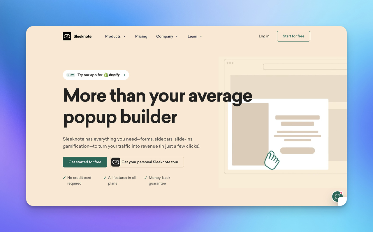 A screenshot of Sleeknote landing page.