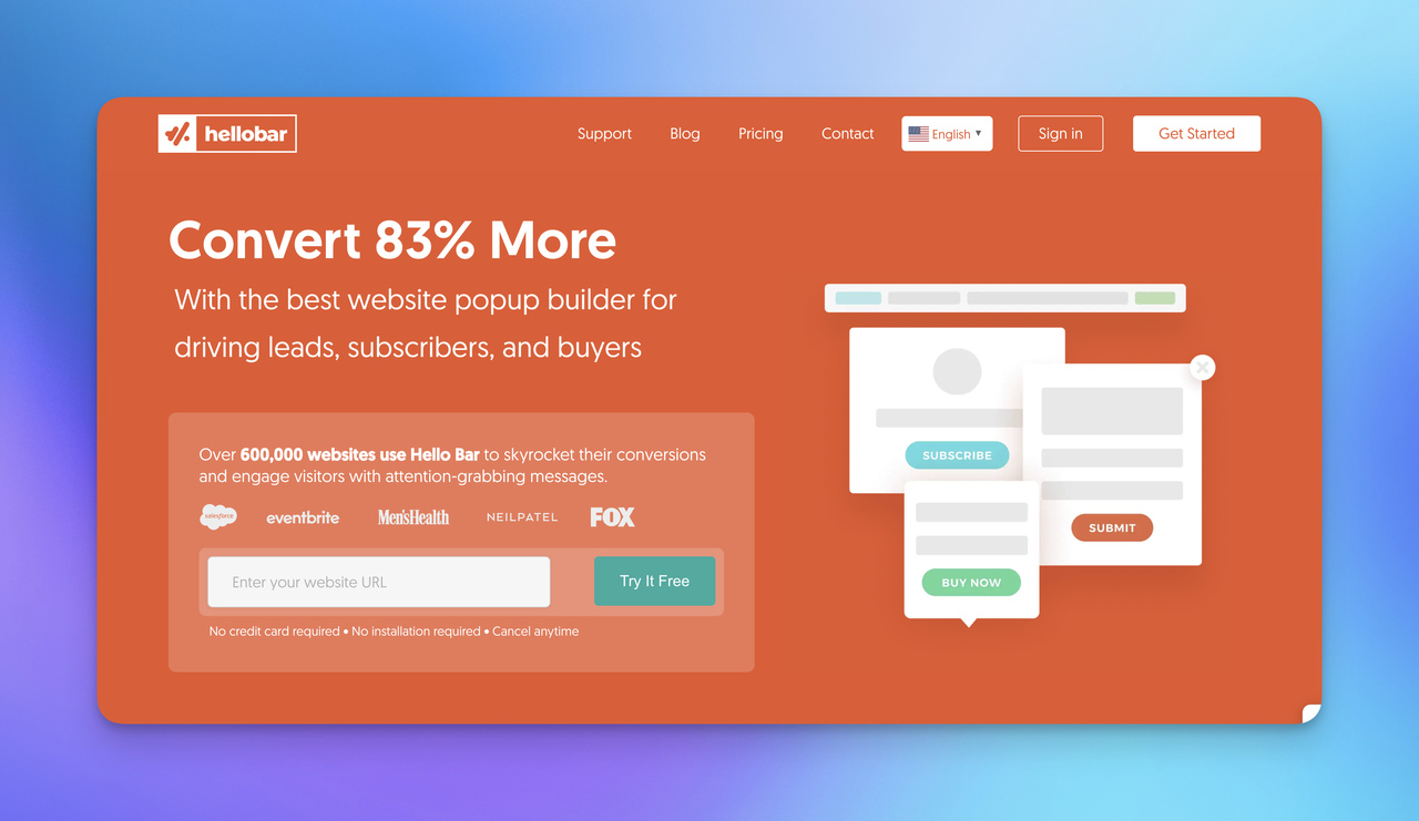 A screenshot of Hellobar landing page.