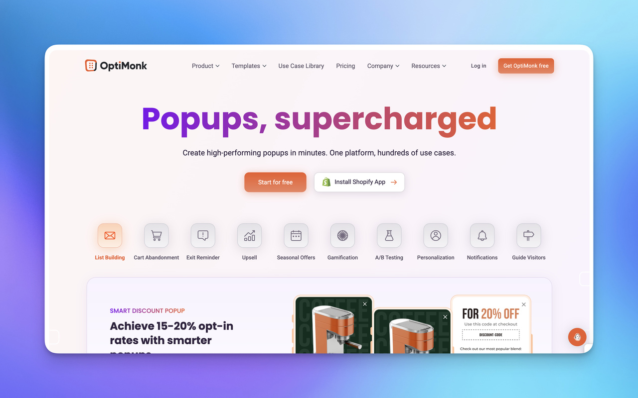 Homepage of OptiMonk showcasing features for creating popups, with a vibrant design emphasizing "Popups, supercharged."