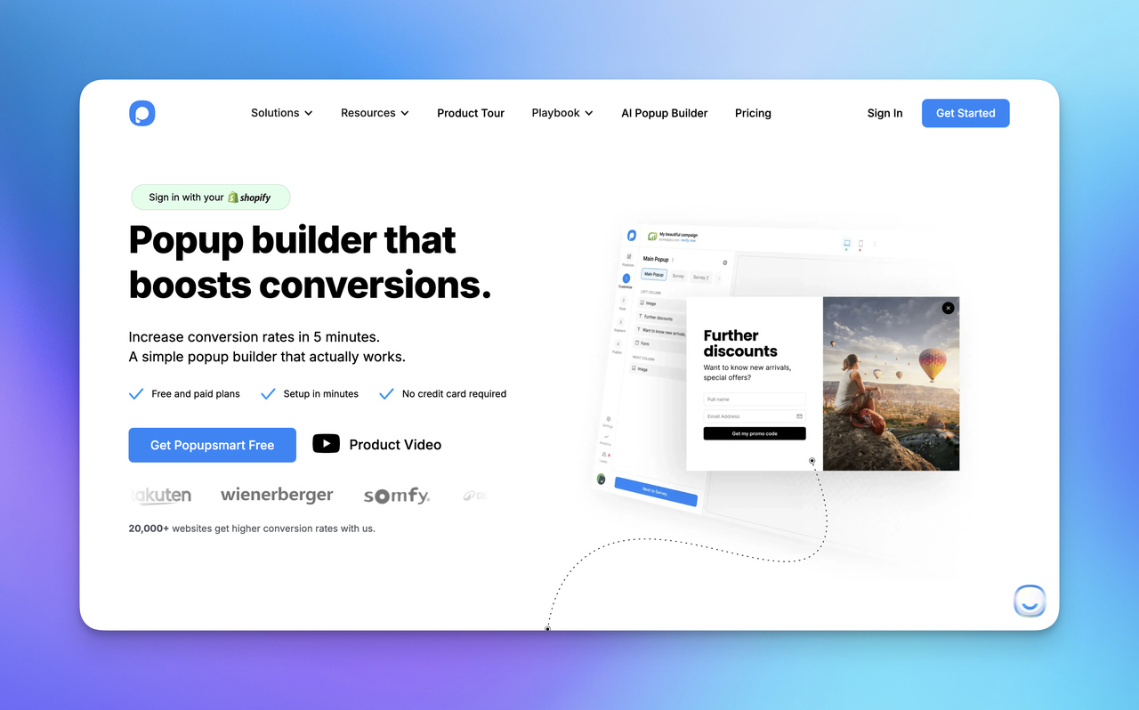 A website showcasing a popup builder to boost conversions, featuring an overview, signup options, and testimonials from notable brands.