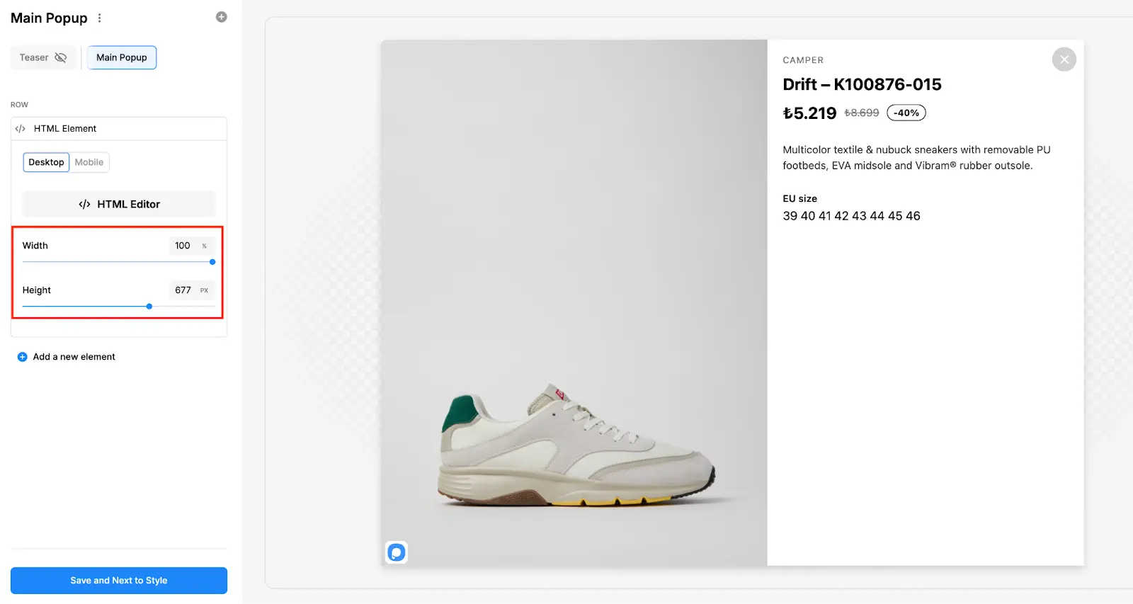 Set Width and Height HTML element for a clean fit with popupsmart builder