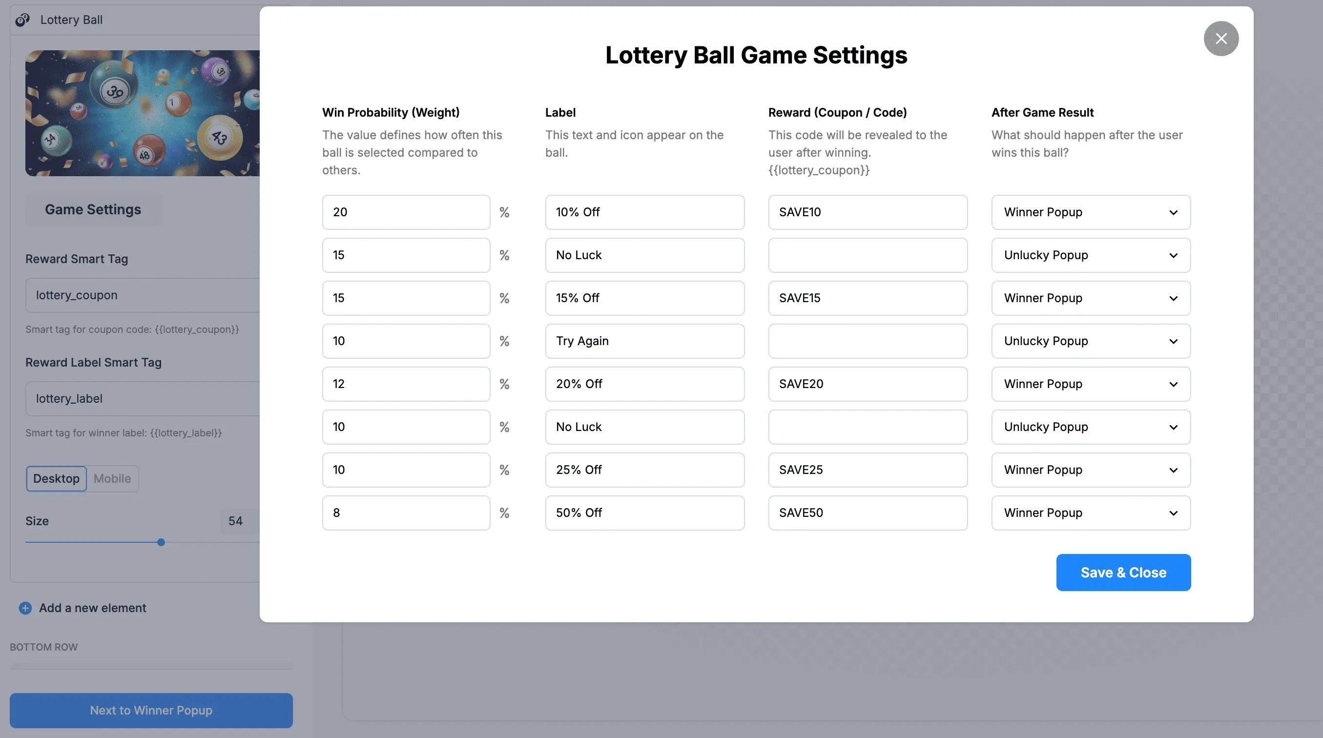 game settings of a lottery ball game