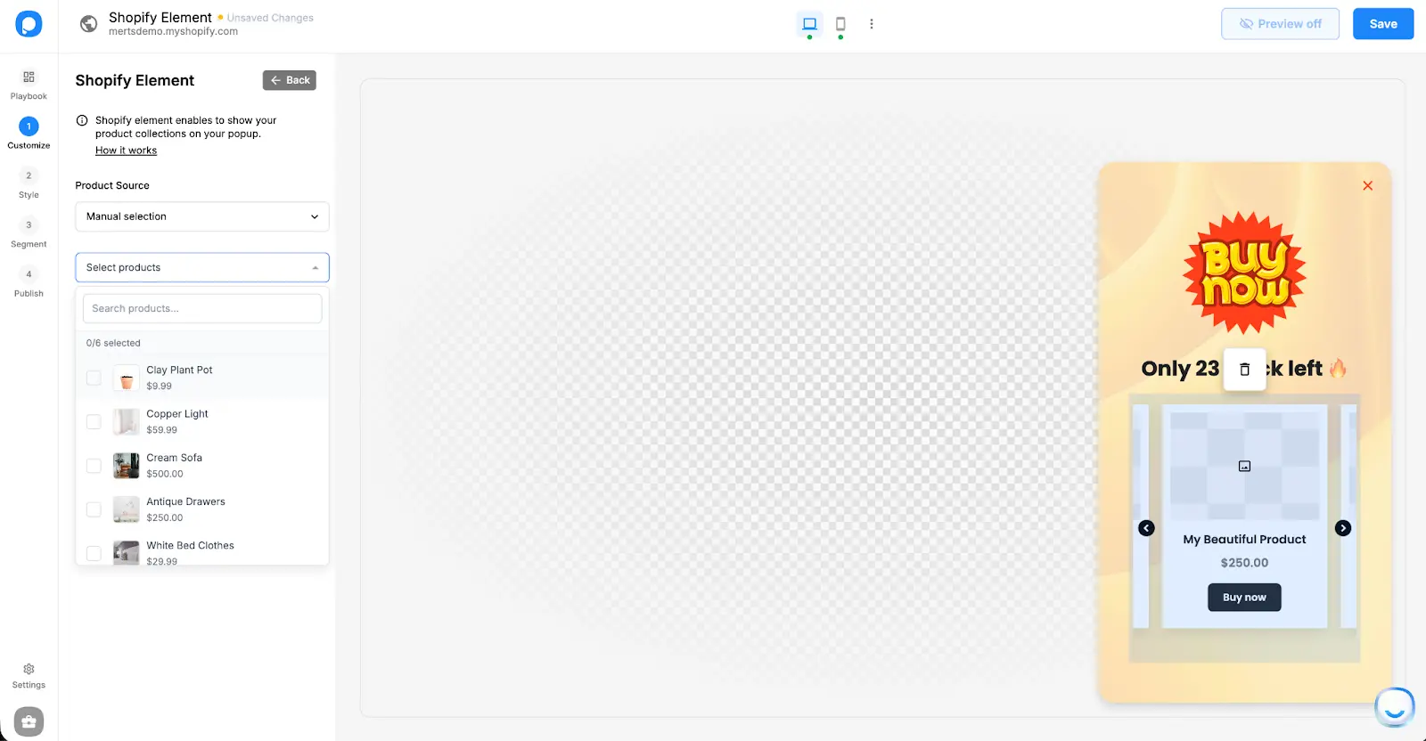 Popupsmart builder’da shopify element seçme
