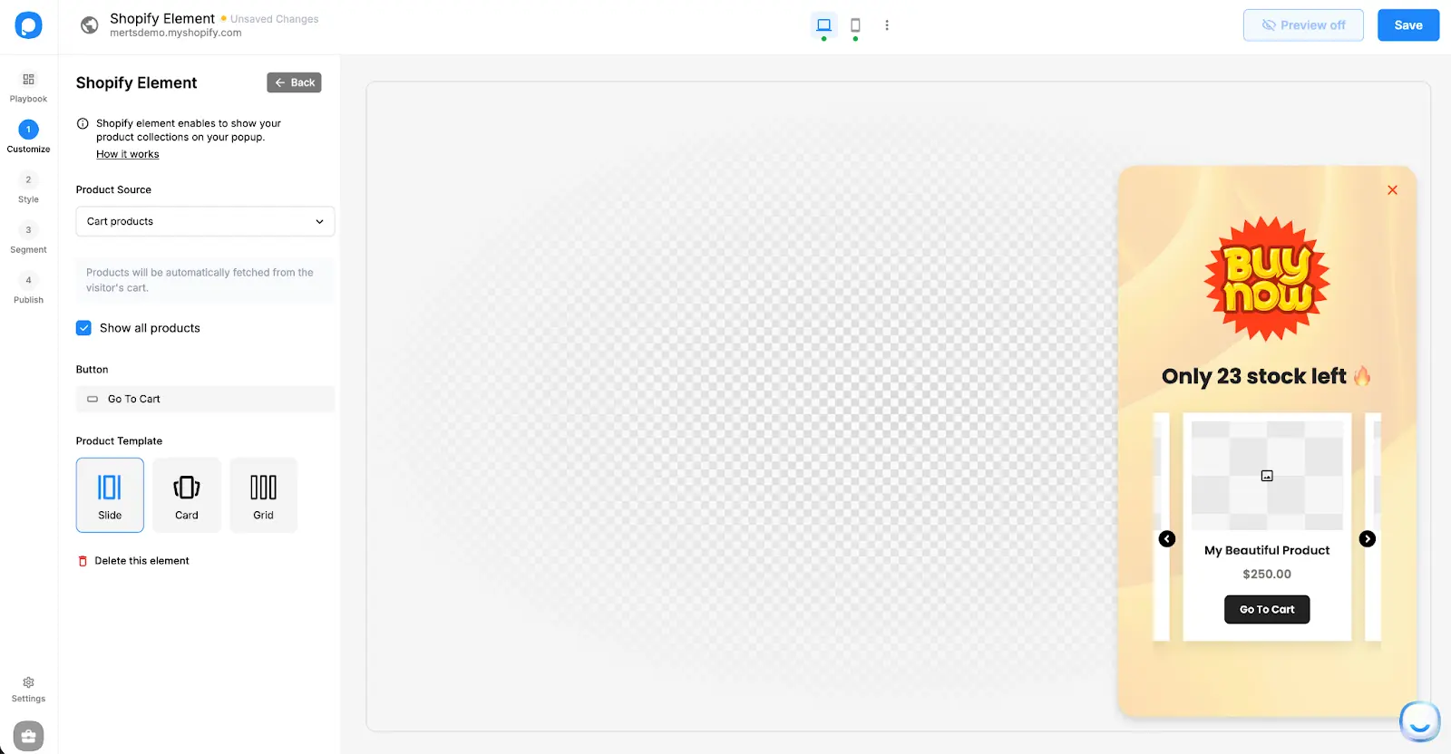 Shopify element card products selected as product source