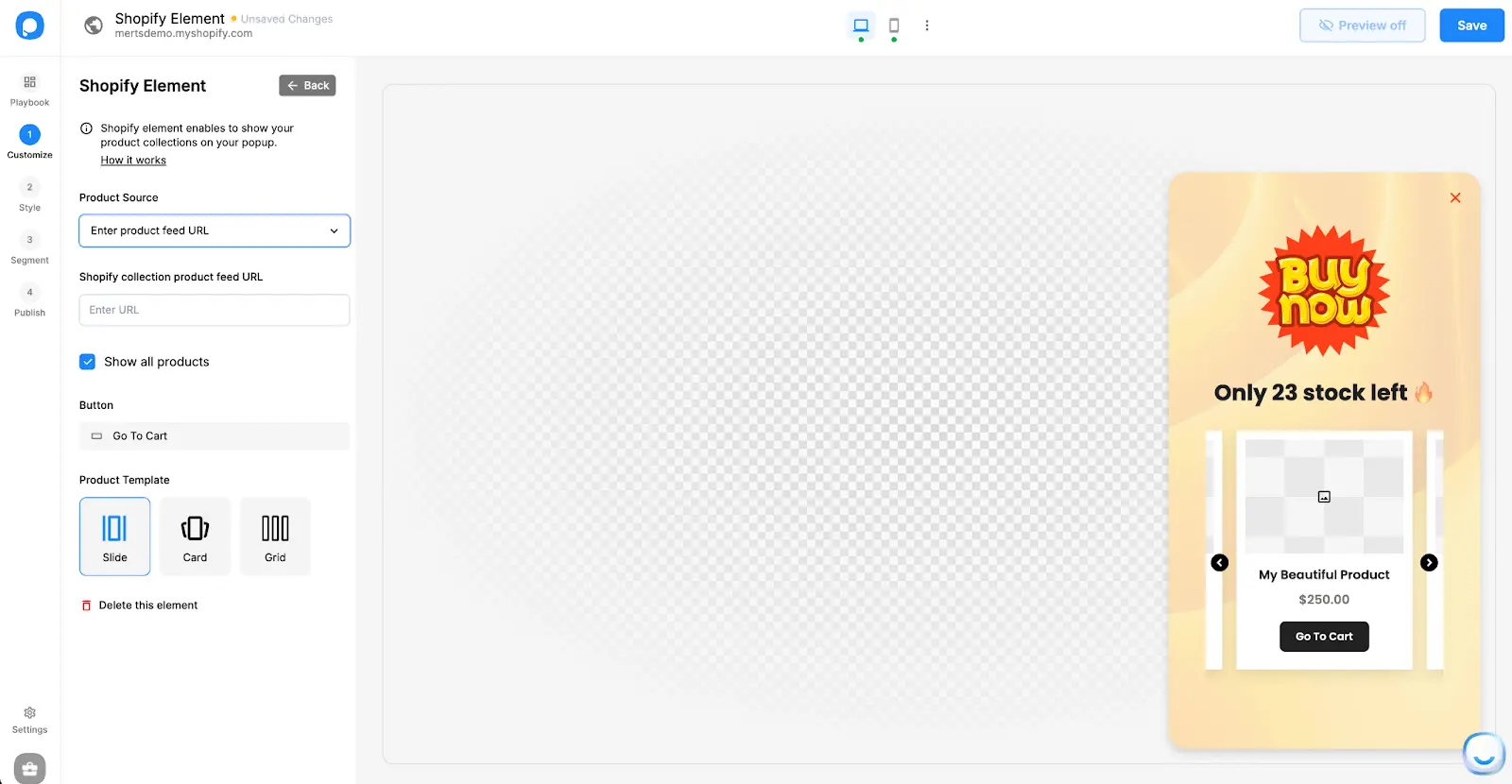 Ürün kaynağı olarak feed URL’si seçilen Shopify element