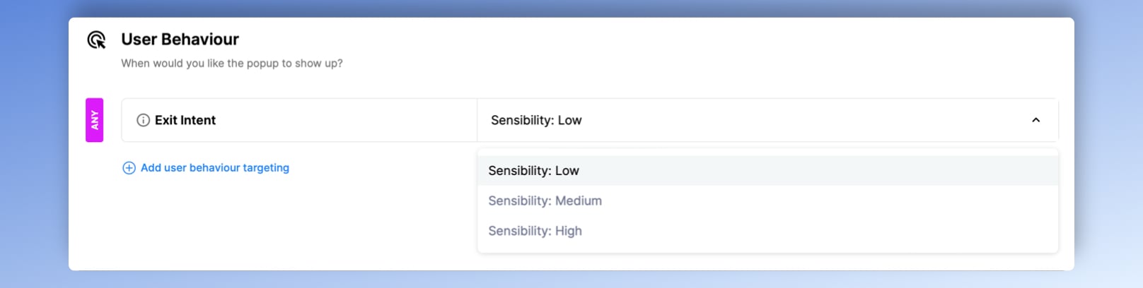 Popupsmart exit-intent trigger settings showing mouse movement sensitivity options for low, medium, and high intensity