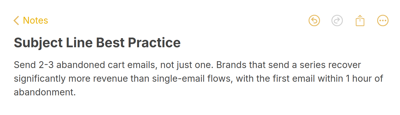 Note card with subject line best practice: send 2-3 abandoned cart emails in a series rather than just one
