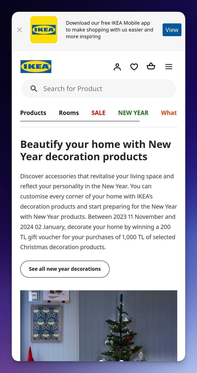 IKEA mobile landing page example with seasonal promotions and search functionality
