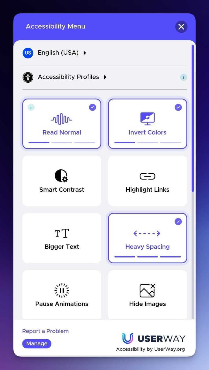 Meow Meow Tweet mobile page accessibility menu showing inclusive design features