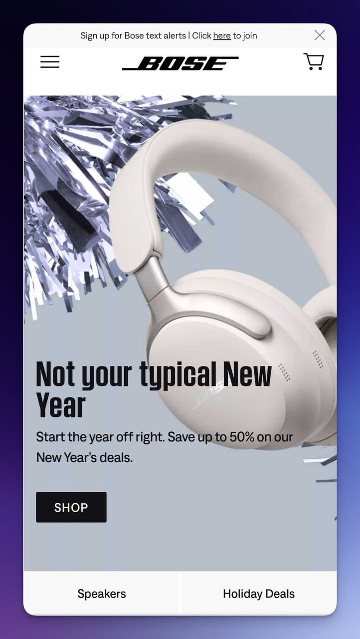 Bose mobile landing page example with premium product photography and dark theme