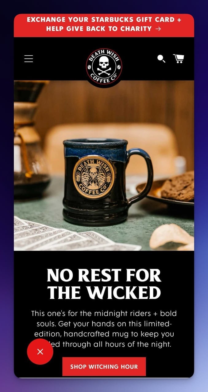 Death Wish Coffee mobile landing page example with bold typography and dark branding