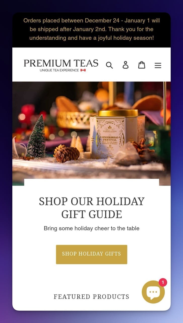 Premium Teas mobile landing page example with elegant product photography and minimal layout