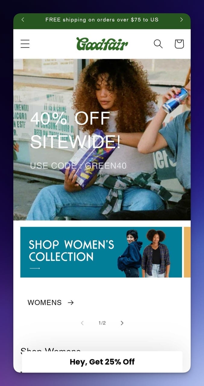 Goodfair mobile landing page example with sustainable fashion branding and mission statement