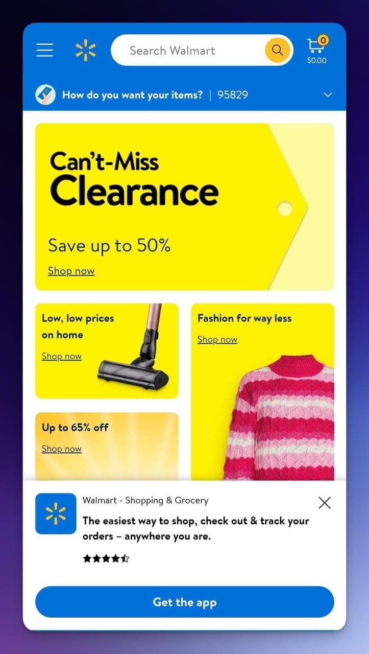 Walmart mobile landing page example with promotional banners and category shortcuts