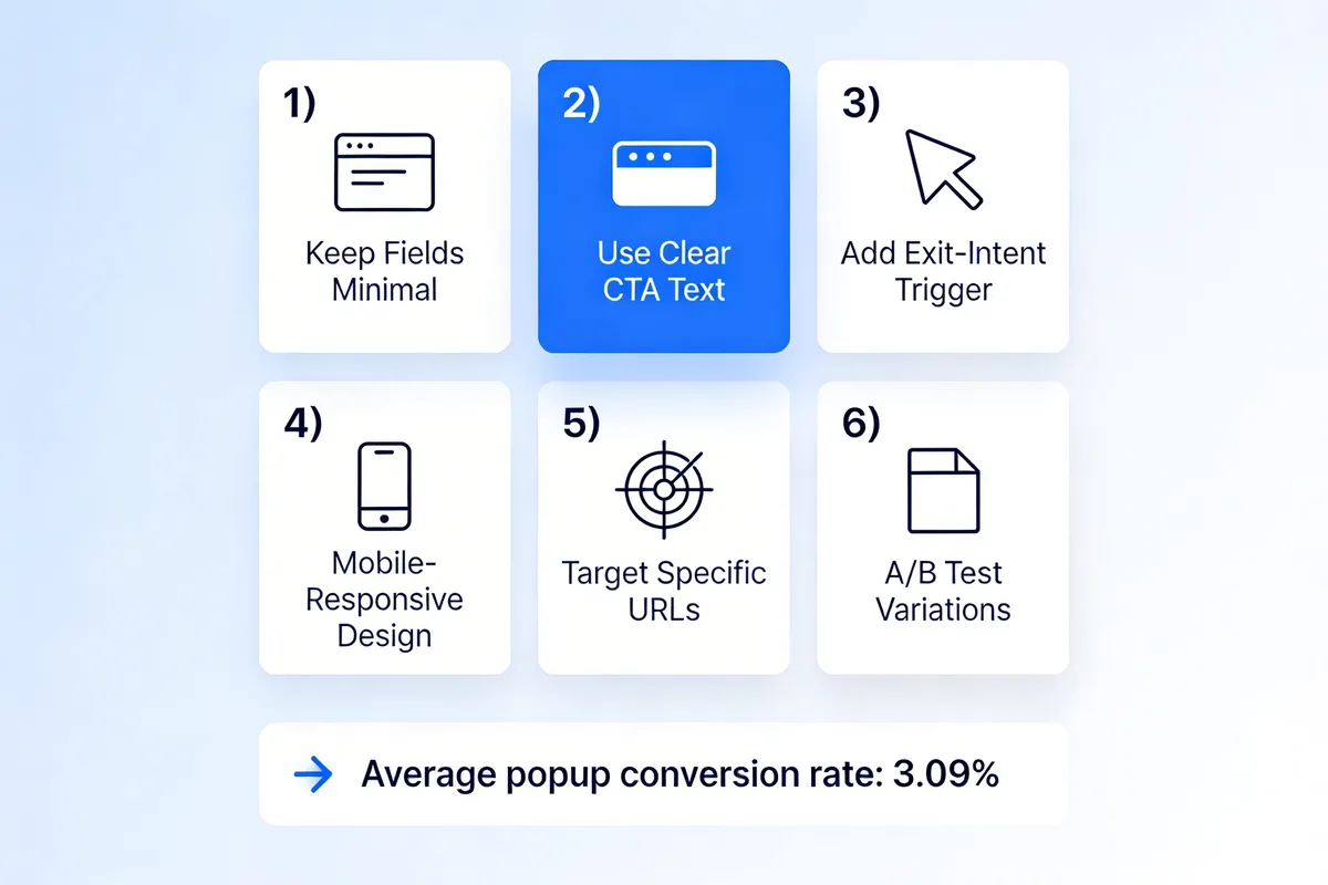 Infographic showing 6 popup form best practices for higher conversions including minimal fields, clear CTAs, exit-intent triggers, mobile-responsive design, URL targeting, and A/B testing