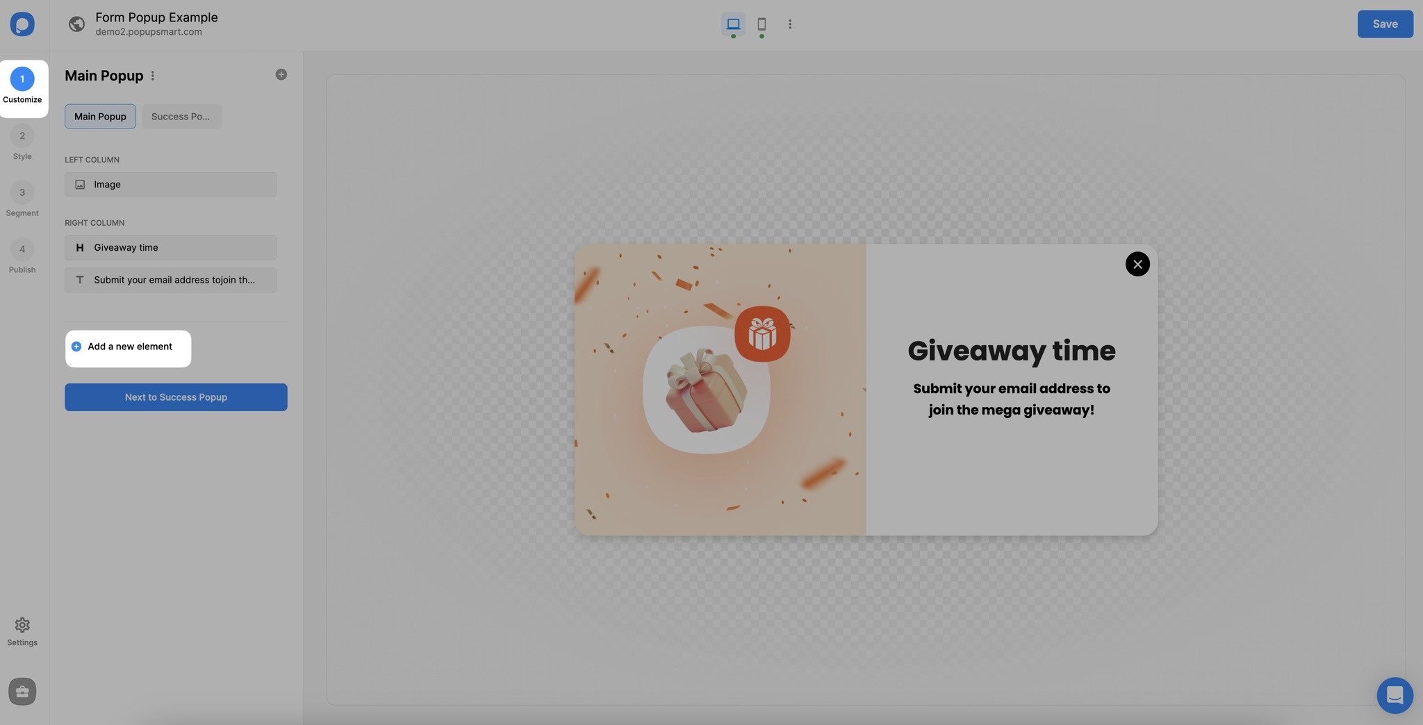 adding a new element on popupsmart popup builder