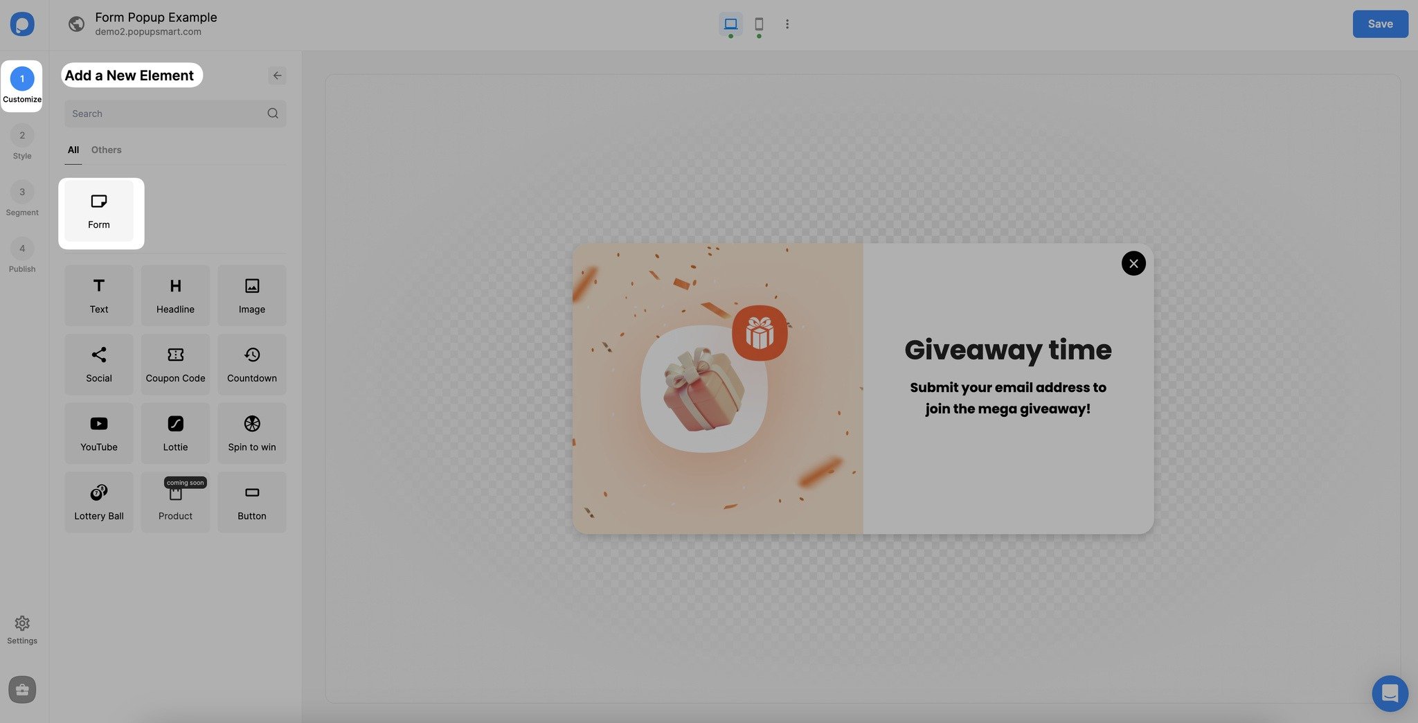 adding a form element on popupsmart popup builder