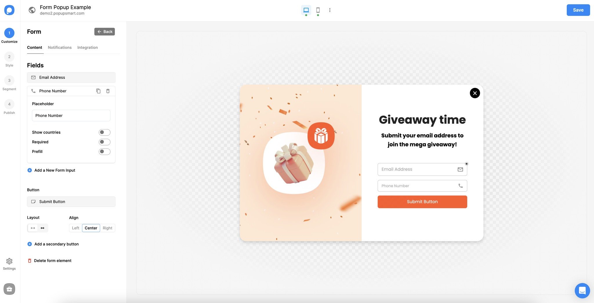 changing placeholder text on form popup on popupsmart popup builder