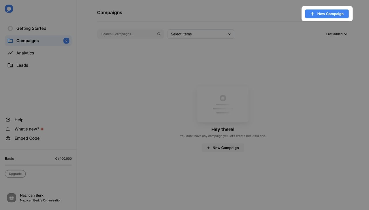 creating new campaign on popupsmart popup builder