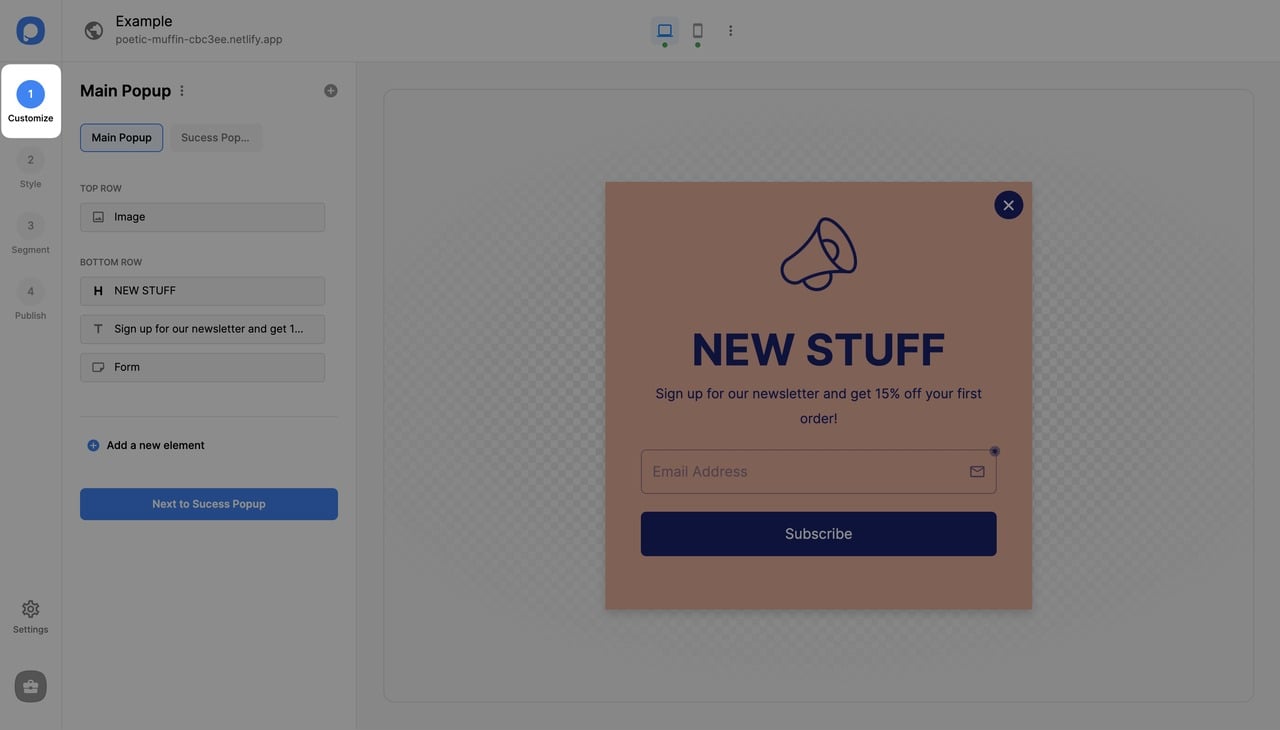customize step on popupsmart popup builder
