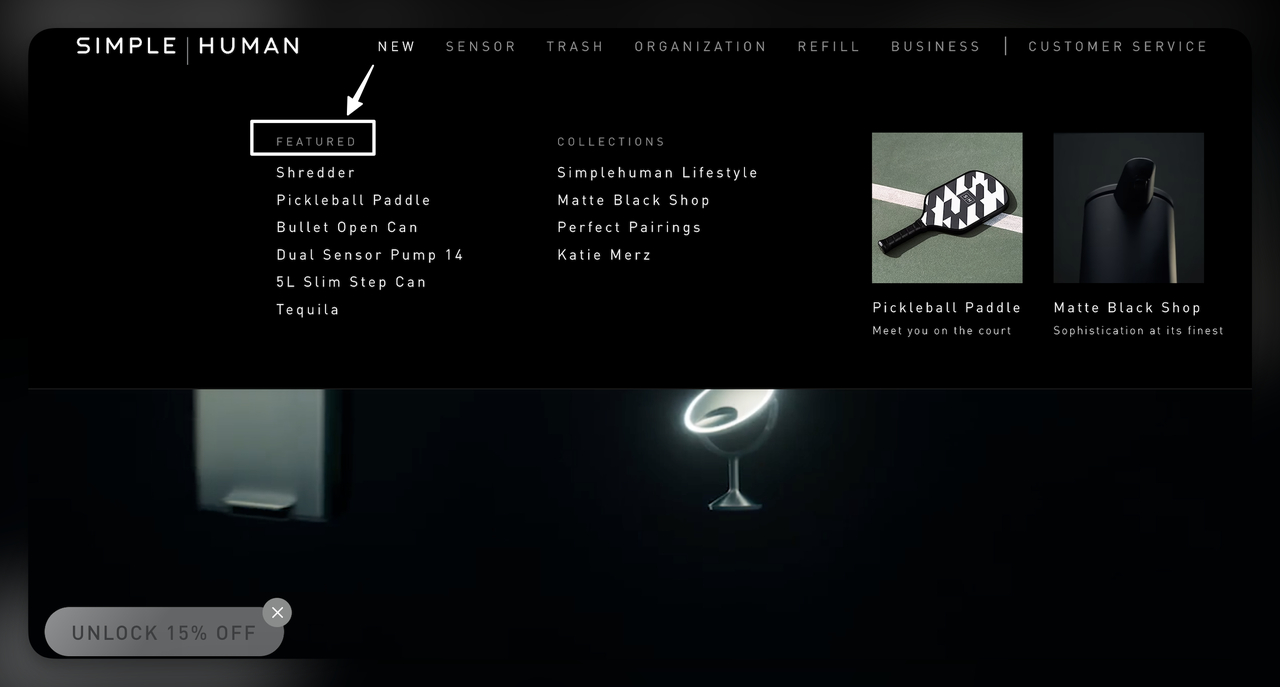 Simple Human website with Featured section under the Sensor tab showing innovative products like Sensor Can and Sensor Mirror