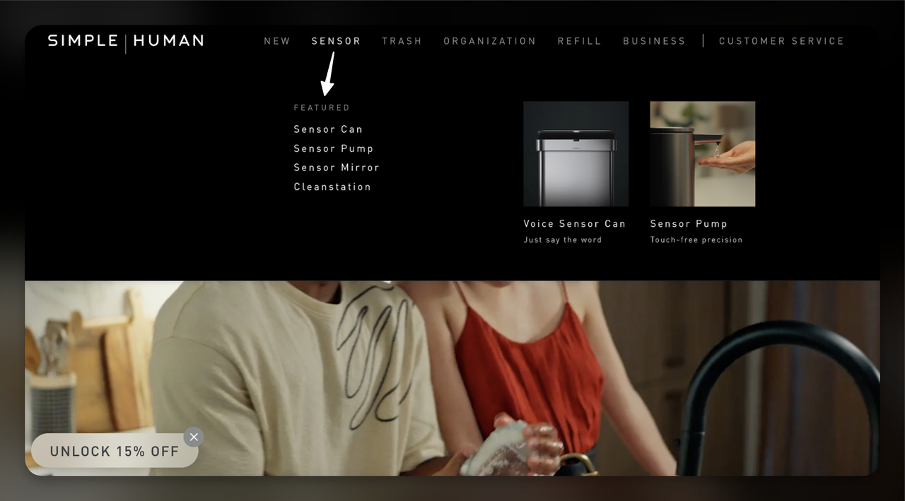 Simple Human New tab dropdown featuring products like the Pickleball Paddle and Bullet Open Can with product images